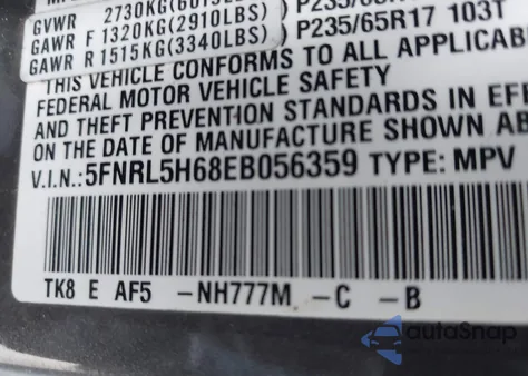 2014 Honda Odyssey Ex-L from USA, damaged, VIN 5FNRL5H68EB056359